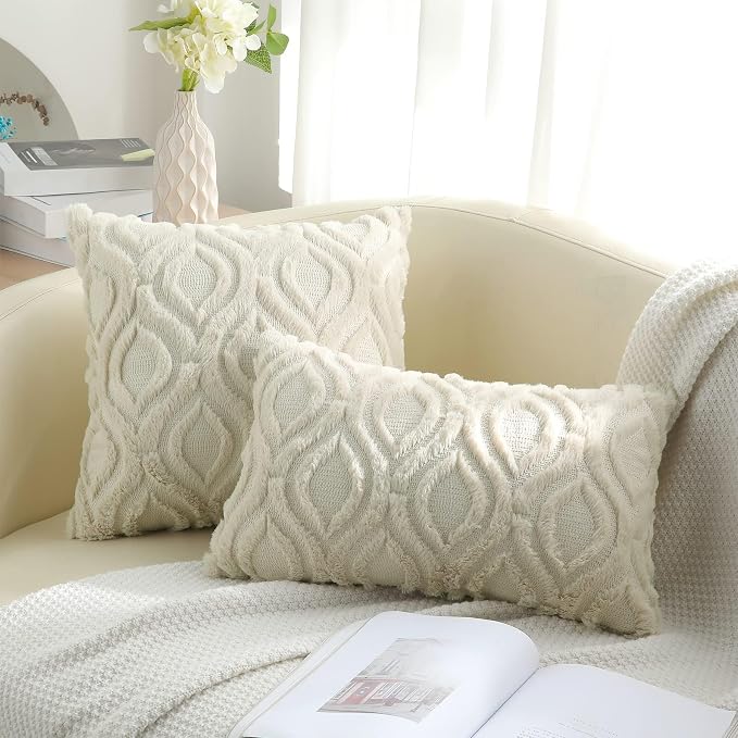 decorUhome Throw Pillow Covers 24x24 Inch Set of 2, Soft Plush Faux Wool Beige - Image 9