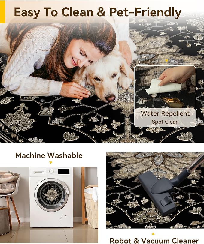 Area Rugs 7ft Washable Non-Slip, Floral Vintage Distress Print Pattern - Image 4