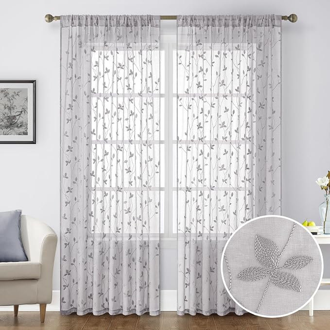 HOMEIDEAS Light Grey Sheer Curtains 52 X 84 Inches Length 2 Panels Embroidered - Image 9