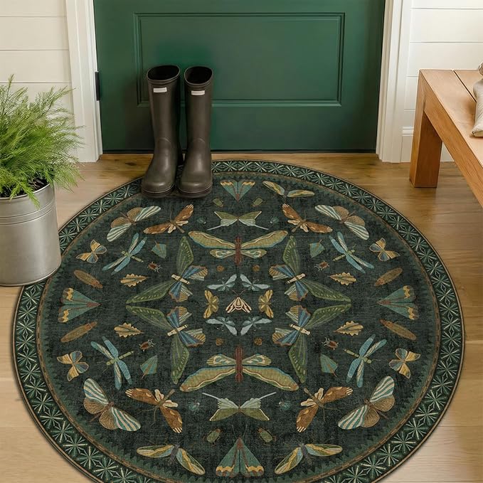 Vintage Dark Green 4ft Round Small Rug by HazoHaus
