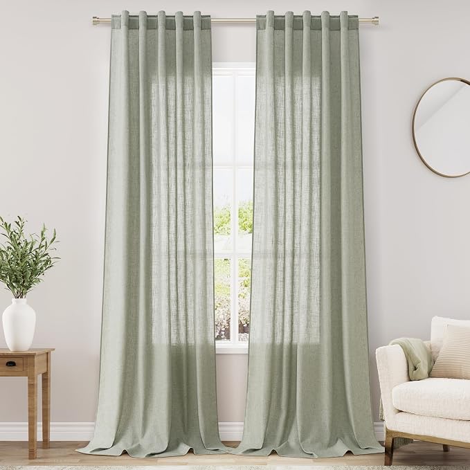 Sage Green Boho Curtains for Bedroom Back Tab Rod Pocket Semi Sheer Linen by Nanspring