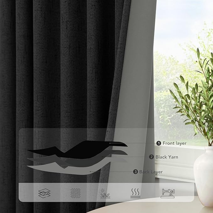 Long Black Curtains for Living Room Modern Farmhouse Linen Black Out Drapes for - Image 5