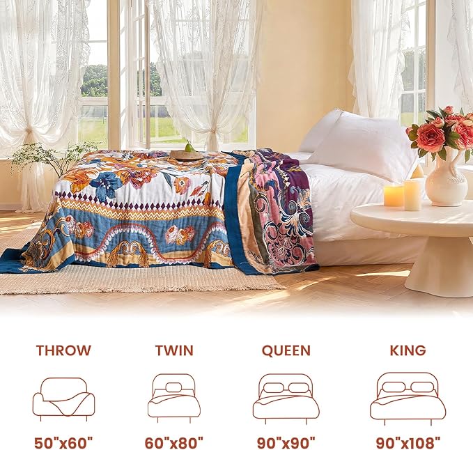 MSGKV Boho Throw Blanket 90"x90" Bed Floral 100% Cotton Blanket Spring - Image 5