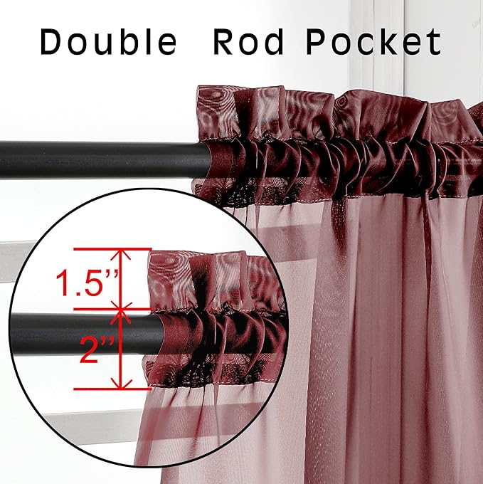 OVZME Burgundy Sheer Curtains 63 inch Length 2 Panels Set - Image 4
