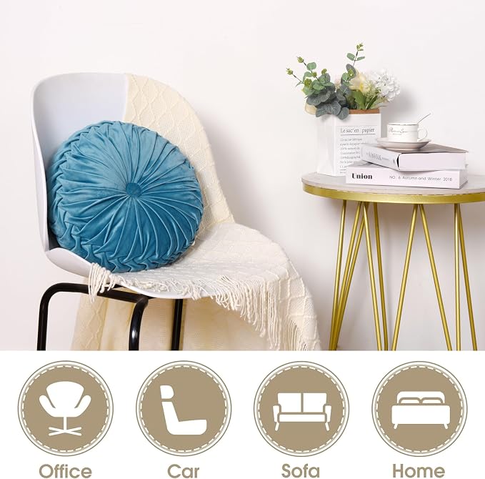 HIG Set of 2 Dusty Blue Ruched Velvet Round Throw Pillows – 14.5’’ Decorative - Image 4