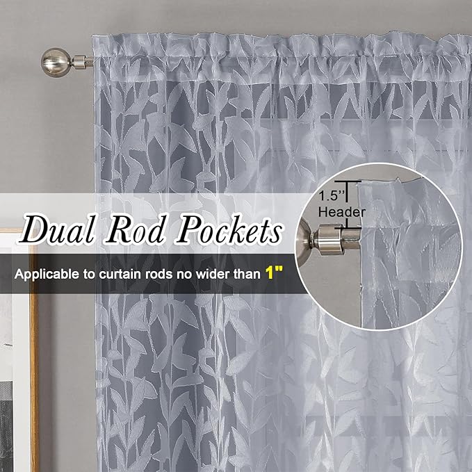 Lecloud Leia Light Grey Sheer Curtains 54 Inch Length 2 Panels, Light Reducing - Image 2