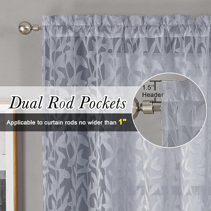 Lecloud Leia 2 PCS Light Grey Sheer Kitchen Curtains 36 Inch Length, Breathable - Image 2