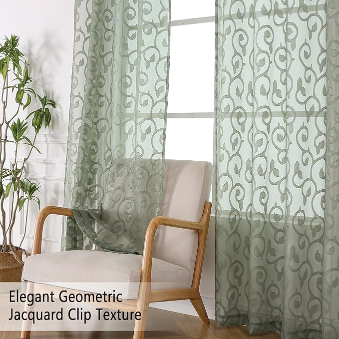 OWENIE Sage Green Sheer Curtains 63 inch Length - Image 3