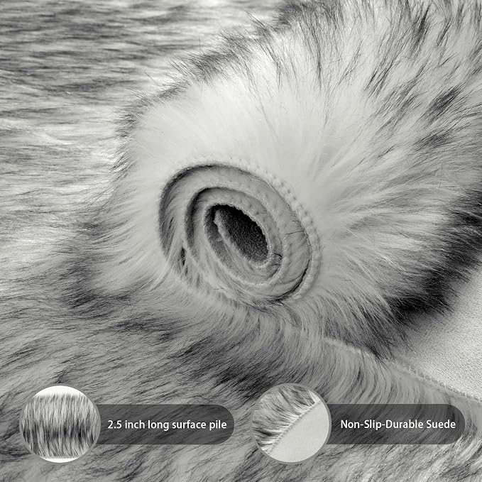 Ciicool Faux Sheepskin Rugs Soft Faux Fur Rug White Gradient Sliver Black - Image 5