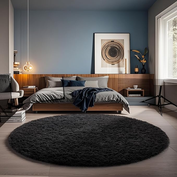 Ophanie Round Rug 5Ft Black Circle Area Rug, Room Decor by Ophanie