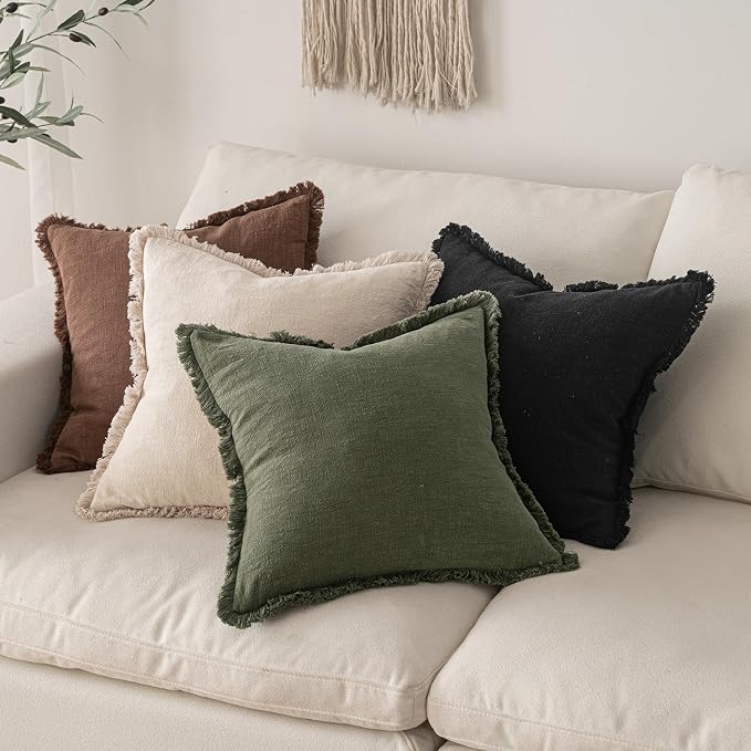 MIULEE Decorative Throw Pillow Covers Neutral Linen Fringe Throw Pillows Euro - Image 5