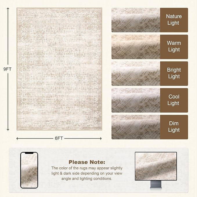6x9 Area Rugs Living Room Rug: Washable Vintage Boho Rug No Slip Stain - Image 2