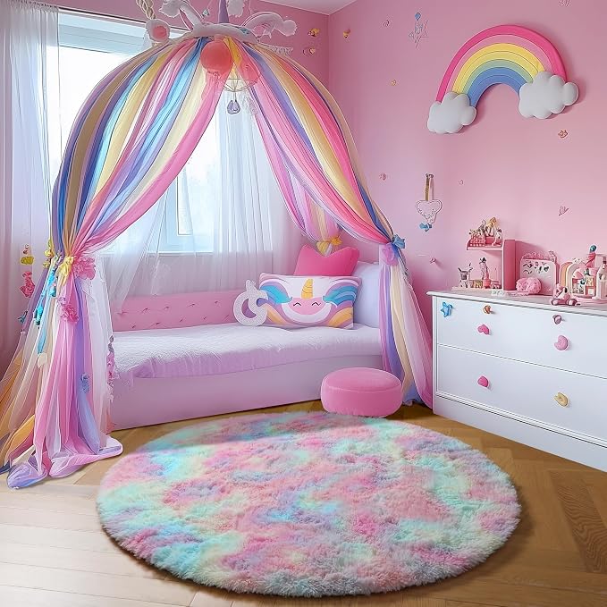 Amdrebio Rainbow Fluffy Small Round Rug 3Ft Kids Rugs - Image 5