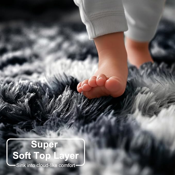 Amdrebio Black White Grey Large Furry Rug 9x12 - Image 2