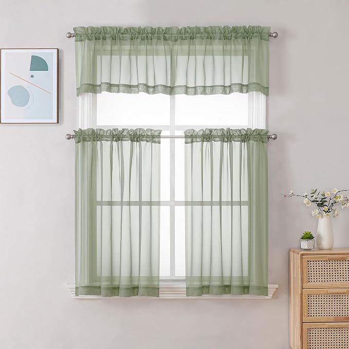 Gwine Sage Green Sheer Curtains 30 Inch Length, Short Light Filtering Voile - Image 2