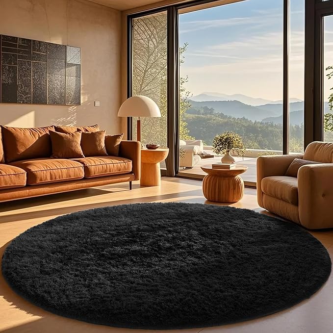 Ophanie Round Rug 8Ft Black Circle Area Rug, Room Decor by Ophanie