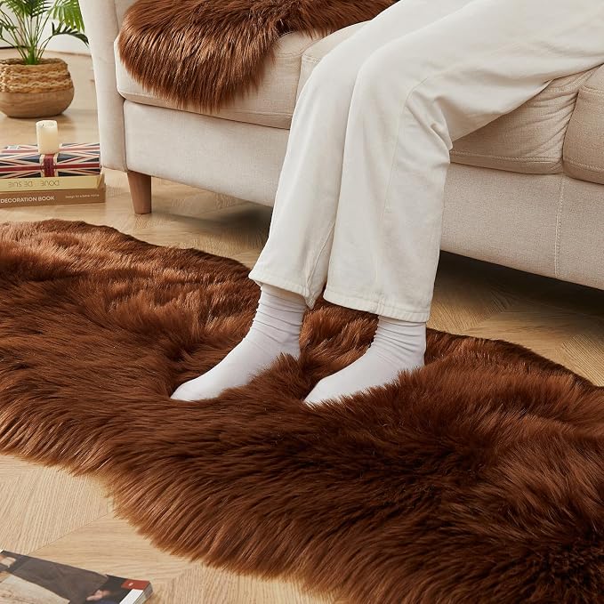 AMTOVO Faux Sheepskin Rug, Coffee Ultra Soft Fluffy Shag Area Rug, 2 x 6 ft - Image 9