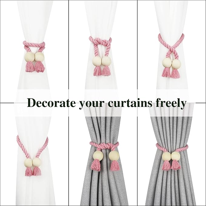 4 Pack Magnetic Curtain Tiebacks Cotton Hand Woven Tie Back Decorative Rope - Image 5