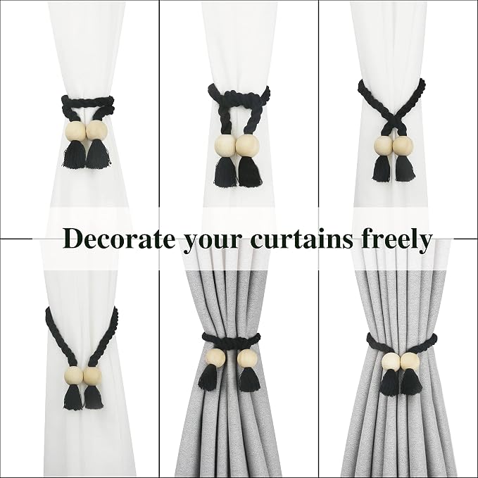 4 Pack Magnetic Curtain Tiebacks Cotton Hand Woven Tie Back Decorative Rope - Image 5