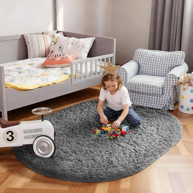 Ophanie 4x6 Oval Grey Rugs for Bedroom Living Room, Fluffy Fuzzy Furry Carpet - Image 5