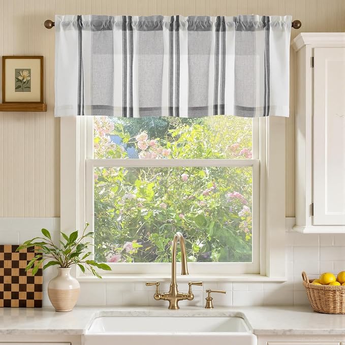 jinchan Striped Valance Farmhouse Window Treatment Linen Textured Drapes - Image 2