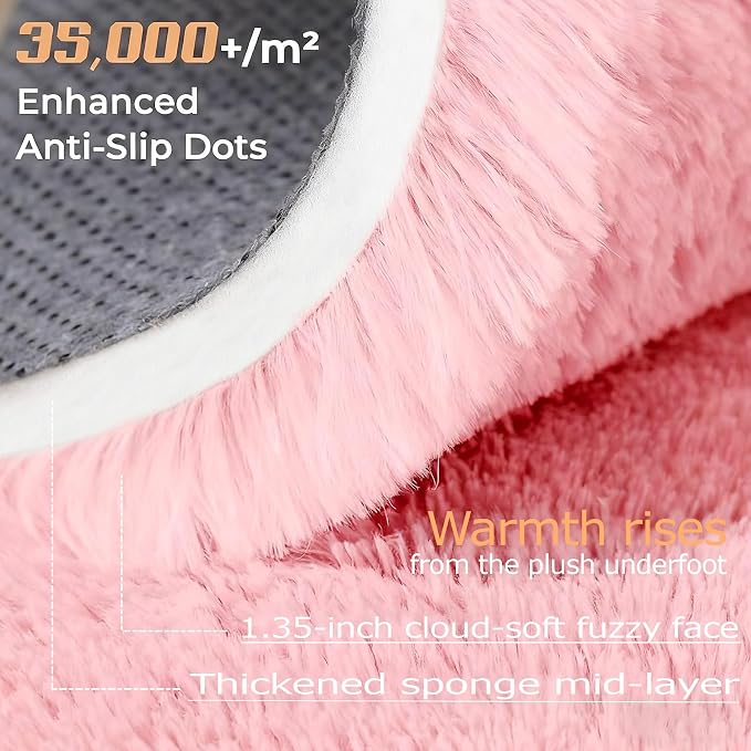 Pink Round Rugs for Bedroom: 4ft Circle Fluffy Shag Soft Washable Rug Small - Image 2