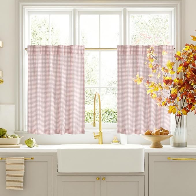 RYB HOME Checkered Kitchen Curtains 24 inch Length, Vintage Farmhouse Linen by RYBHOME
