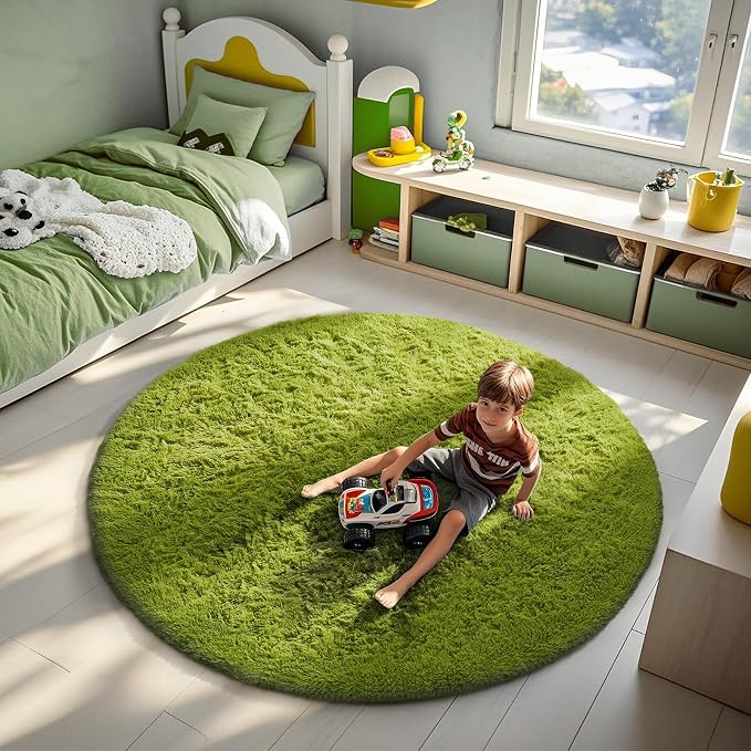 Ophanie Round Rug 6Ft Green Circle Area Rug, Fluffy Fuzzy Bedroom Carpet - Image 3