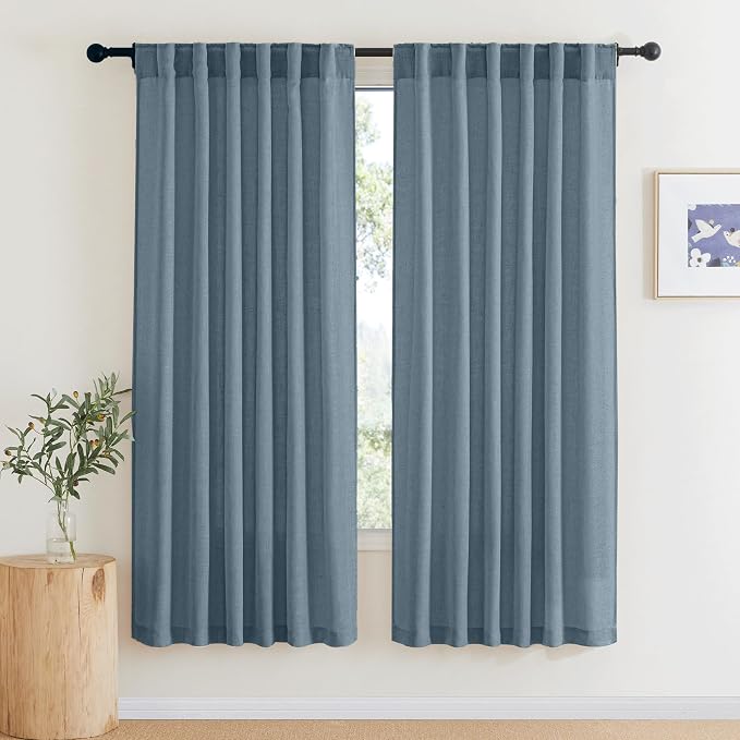 RYB HOME Stone Blue Semi Sheer Curtains, Natural Linen Blend Drapes Light by RYBHOME
