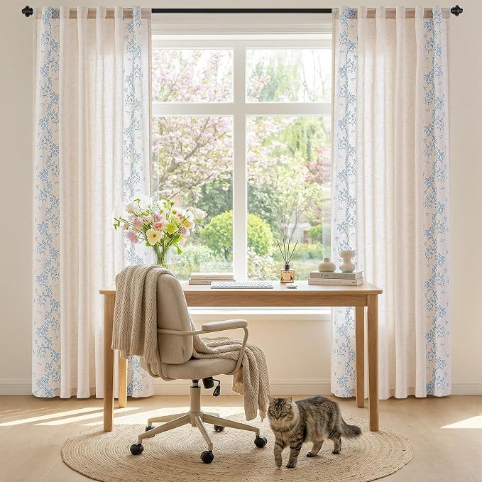 jinchan Evelyn Embroidered Linen Curtains 84 inch Long 2 Panels Blue Curtains - Image 5