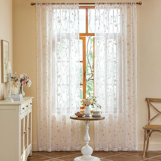 AmHoo 2 Panels Embroidered Leaf Pattern Semi Sheer Curtains Foliage Floral - Image 2