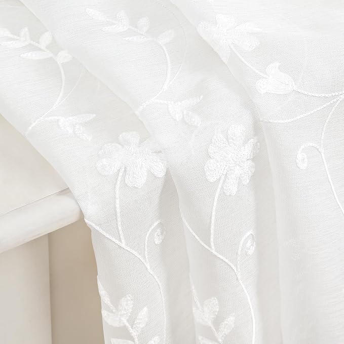 HOMEIDEAS White Sheer Curtains 96 Inches Long 2 Panels White Embroidered Floral - Image 6