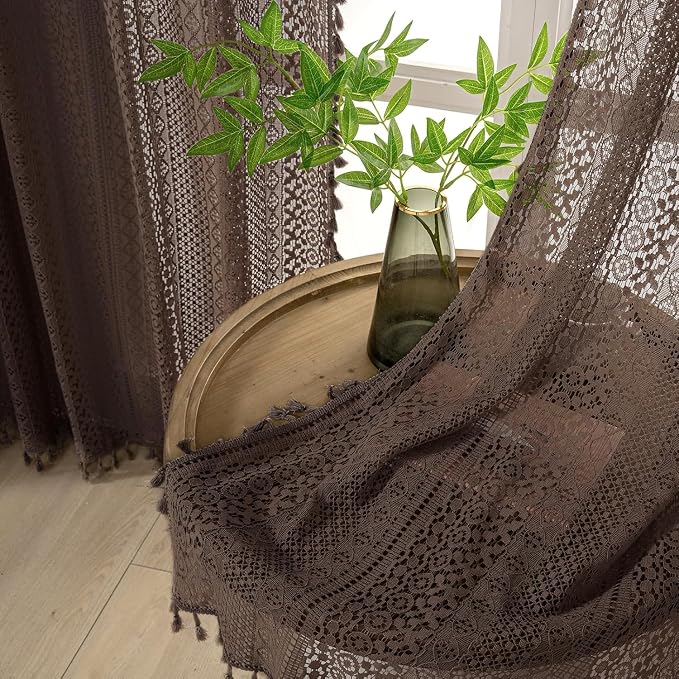 WAZZIO Boho Lace Curtains 63 Inches 2 Panel, Light Filtering Privacy Tassel & - Image 5