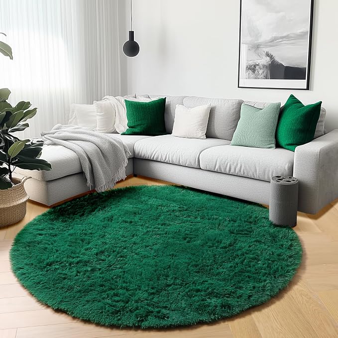 ONASAR Dark Green Round Area Rugs 5ft, Fluffy Soft Bedroom Circle Rug by ONASAR