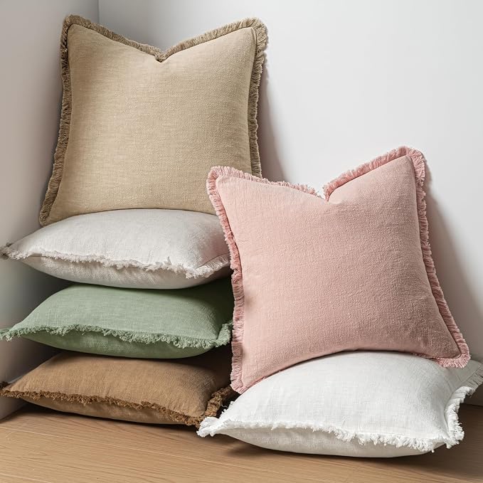 MIULEE Linen Fringe Decorative Euro Throw Pillow Covers Sage Green 24x24 | Set - Image 5