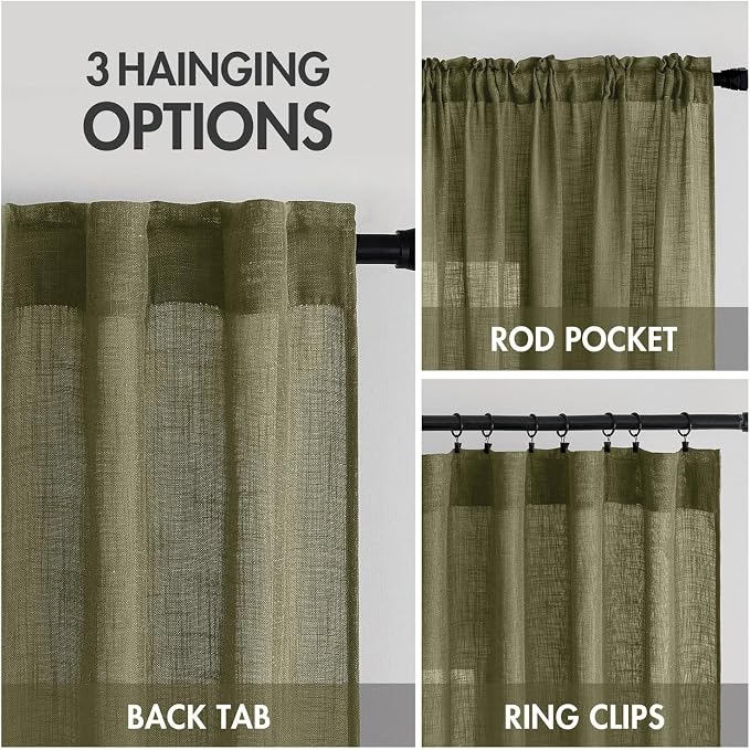 MIULEE Light Olive Green Linen Curtains 96 Inches Long 2 Panels - Image 3