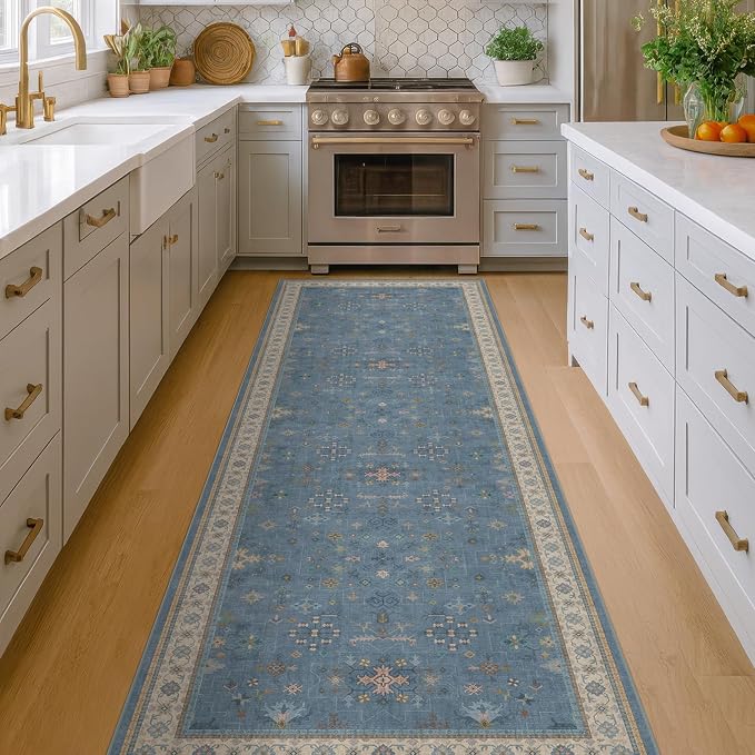 Boho 2'6"x10' Wide Runner Rugs for Hallway Non Skid- 10ft Light Blue Washable - Image 6