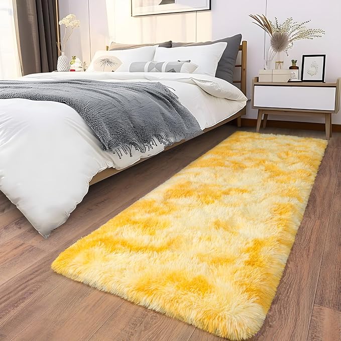 Soft Runner Rugs for Bedroom Hallways, 2x6 Tie-Dyed Yellow Fluffy Shag Throw - Image 7