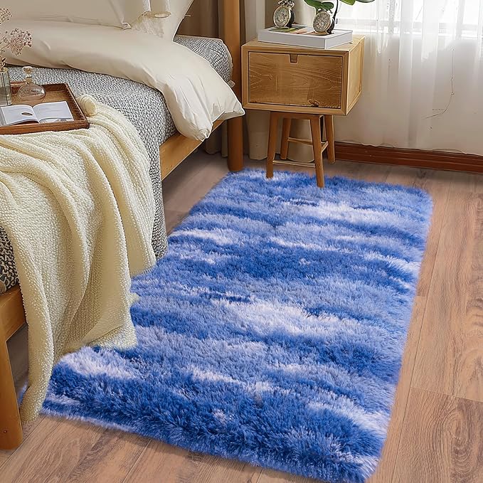 Soft Runner Rugs for Bedroom Hallways, 2x4 Abstract Blue White Fluffy Shag - Image 2