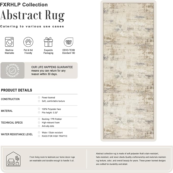 3x8 Washable Runner Rug：Modern Abstract Soft Carpet Beige Brown | - Image 2