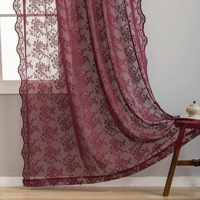 YJ YANJUN Vintage Lace Curtains 84 Inches Long- Elegant Floral Maroon Sheer - Image 4