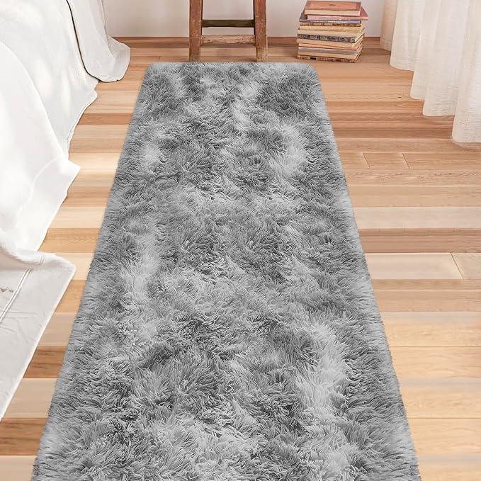 Super Soft Fluffy Living Room Area Rug 2x8 ft Tie-Dyed Light Grey Shaggy Furry - Image 2