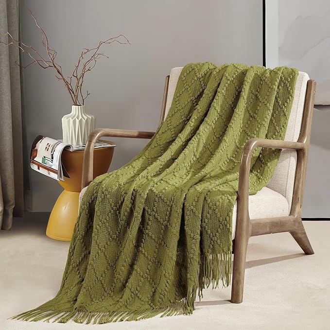 BOURINA Olive Throw Blanket 50 x70 Inches Jacquard Argyle Throw Textured Solid - Image 4