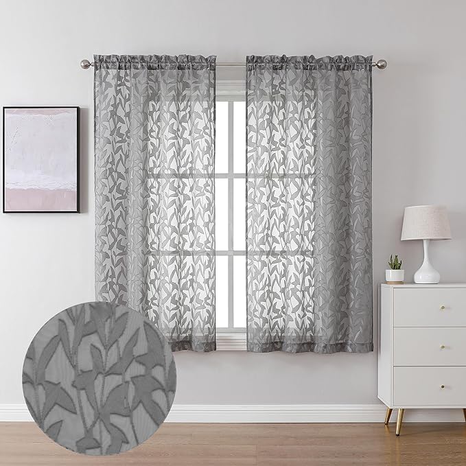 Lecloud Leia Jacquard Leaf Charcoal Grey Sheer Curtains by Lecloud