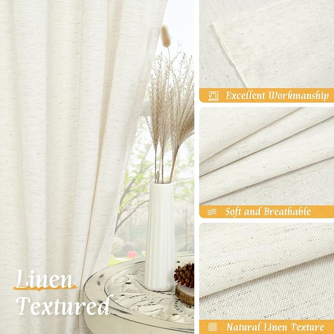 LAMIT Cream Linen Curtains 54 Inch Length 2 Panels, Light Filtering Faux Linen - Image 7