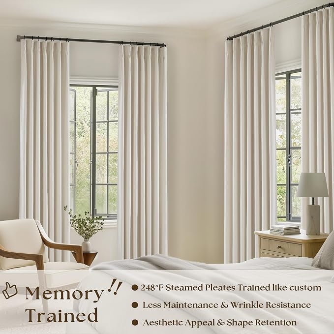 Cream Beige 63 Inch Length Blackout Pinch Pleated Linen Curtains - Image 2