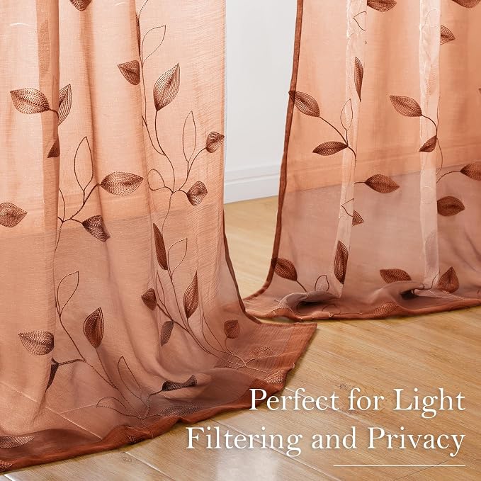 HOMEIDEAS Fall Burnt Orange Sheer Curtains 84 Inches Long 2 Panels Embroidered - Image 4