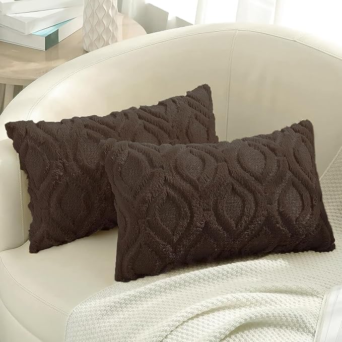 decorUhome Throw Pillow Covers 12x20 Inch Set of 2, Soft Plush Faux Wool Dark - Image 7