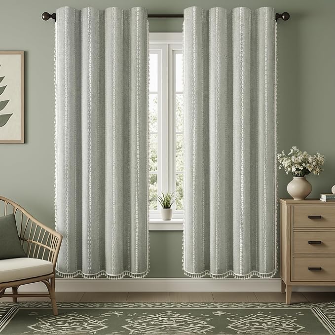 Boho Blackout Curtains 90 Inches Long Sage Green Linen Blend 2 Panels by Unknown