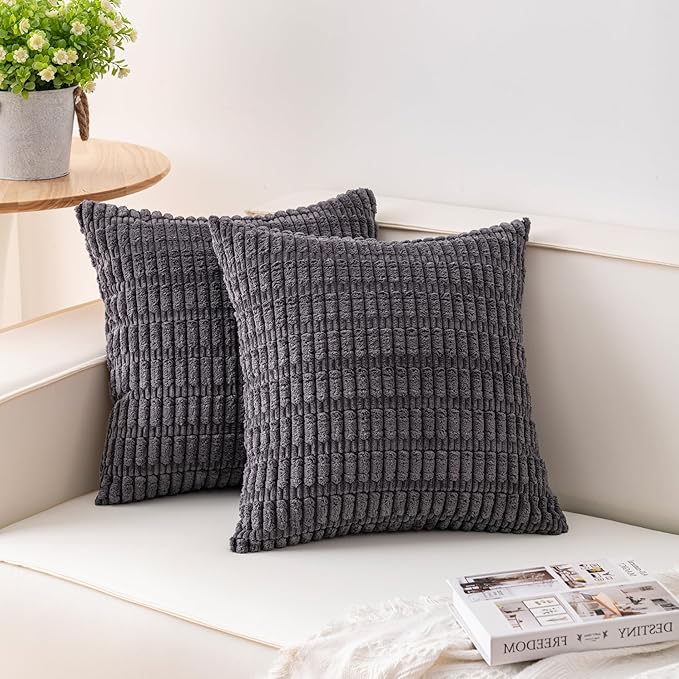 Pack of 2 Corduroy Decorative Throw Pillow Covers 18x18 InchSoft Boho Striped by Unknown